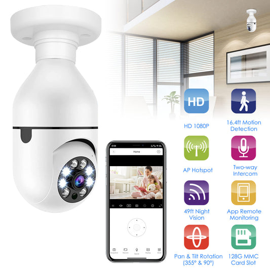 1Pc E27 WiFi Bulb Camera 1080P FHD WiFi IP Pan Tilt Security Surveillance Camera With Two-Way Audio Night Vision Motion Detection Function APP Control