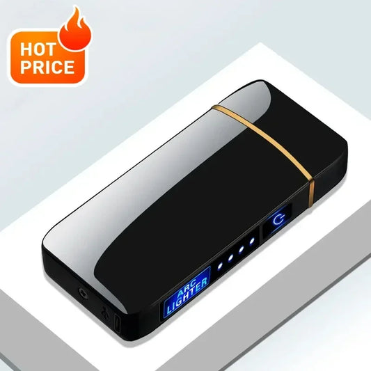 Electric Windproof Metal Plasma Lighter – Dual Arc Flameless USB Rechargeable with LED Power Display